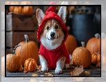 AI, Welsh corgi pembroke, Czapka, Dynie, Pies, Czerwone, Ubranko